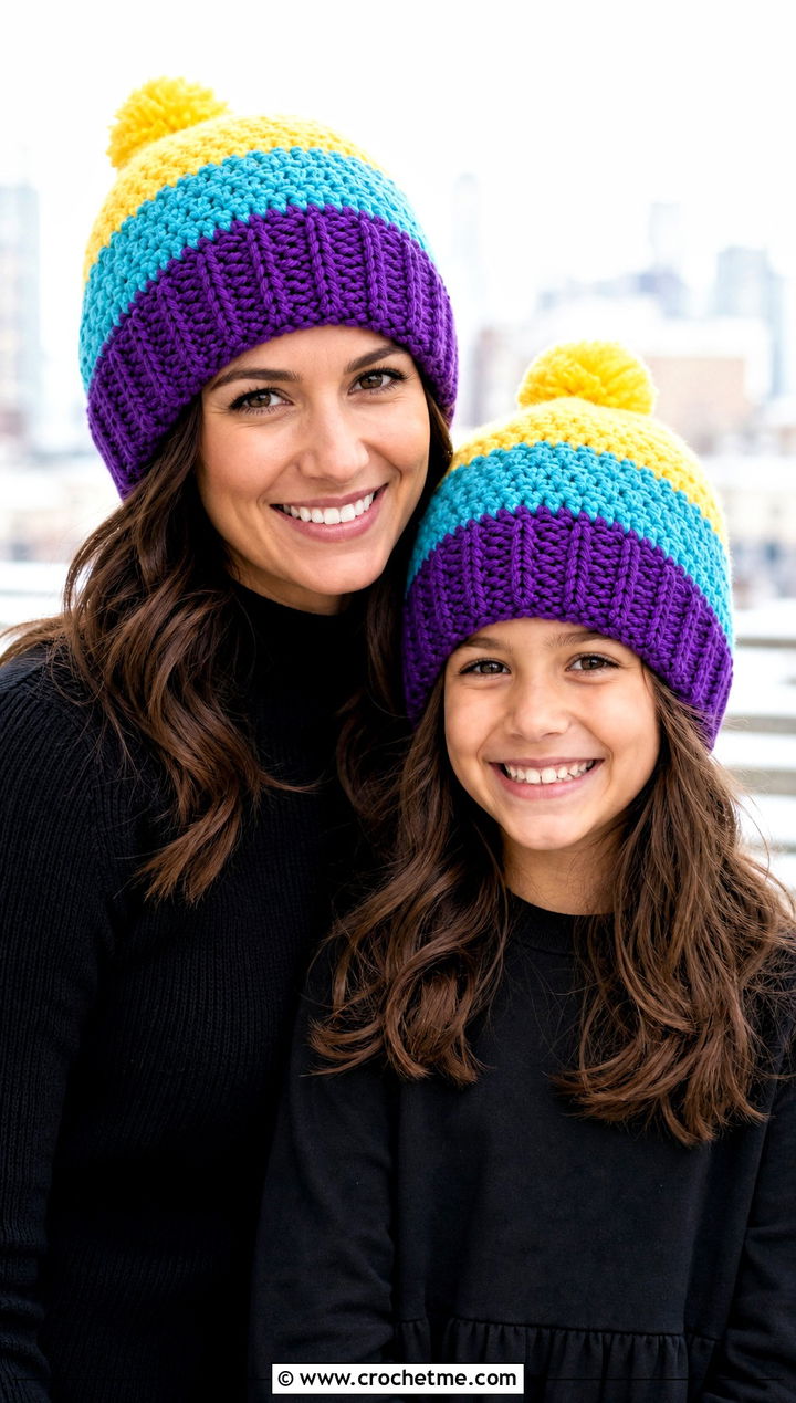 Color Block Crochet Beanies With Monochrome Outfits - 25 Mommy And Me Crochet Hats outfit ideas
