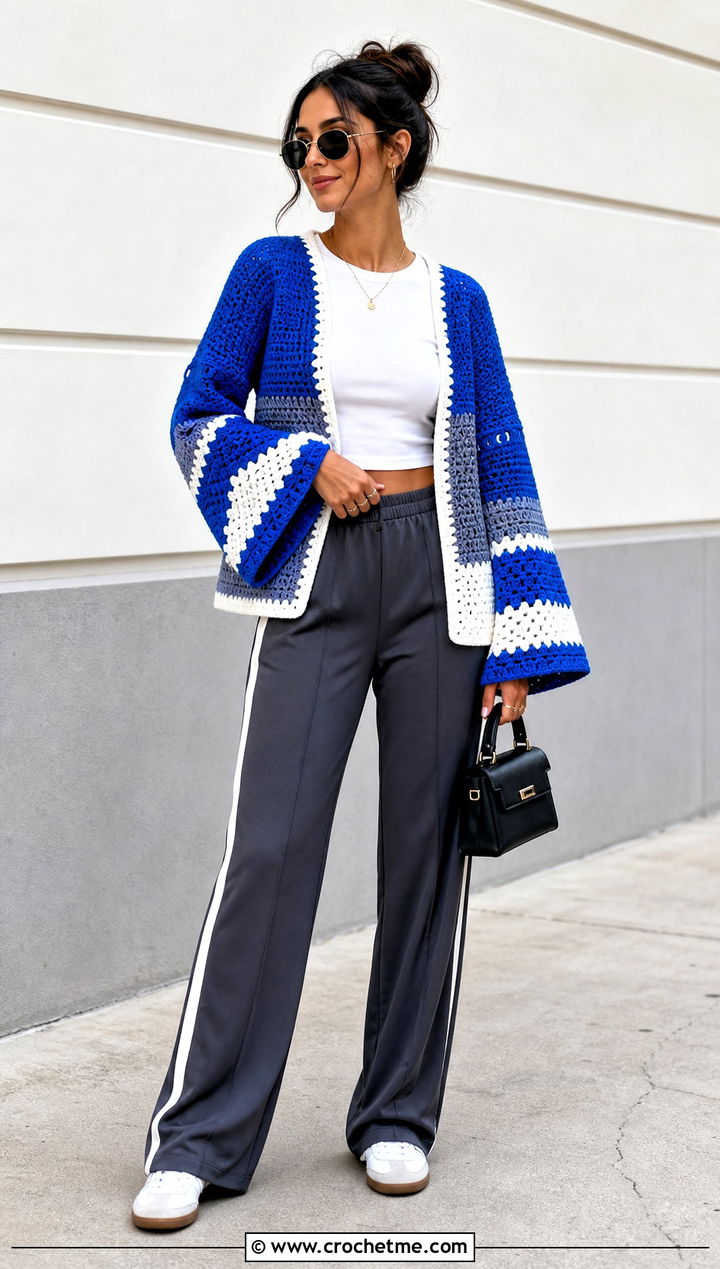 Color Block Crochet Bell Sleeve Cardigan With Track Pants - 30 crochet bell sleeve cardigan outfit ideas