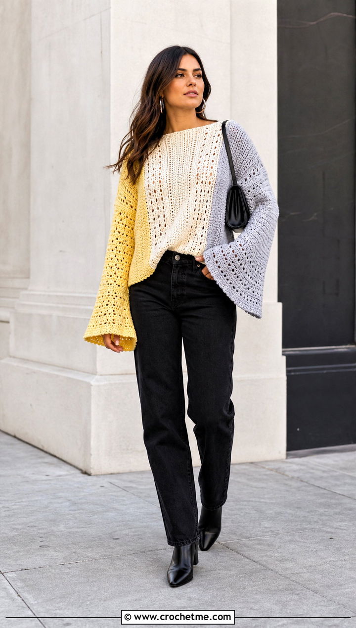Color Block Crochet Bell Sleeve Sweater With Black Jeans - 25 crochet bell sleeve sweater outfit ideas