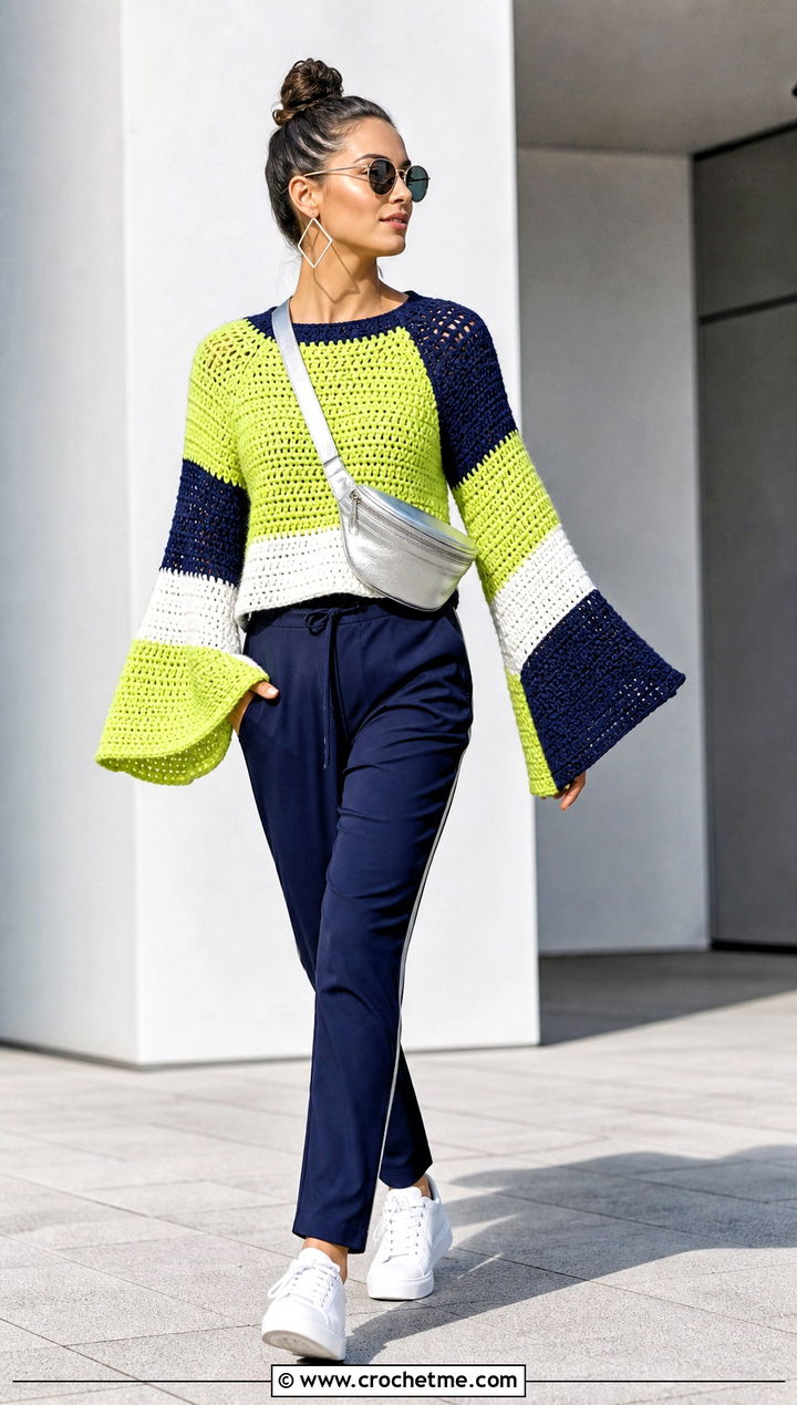 Color Block Crochet Bell Sleeve Sweater With Track Pants - 25 Crochet Sweater With Bell Sleeves outfit ideas