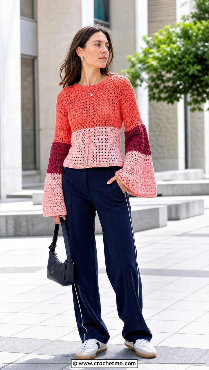 Color Block Crochet Bell Sleeve Top With Track Pants - 30 crochet top with bell sleeves outfit ideas