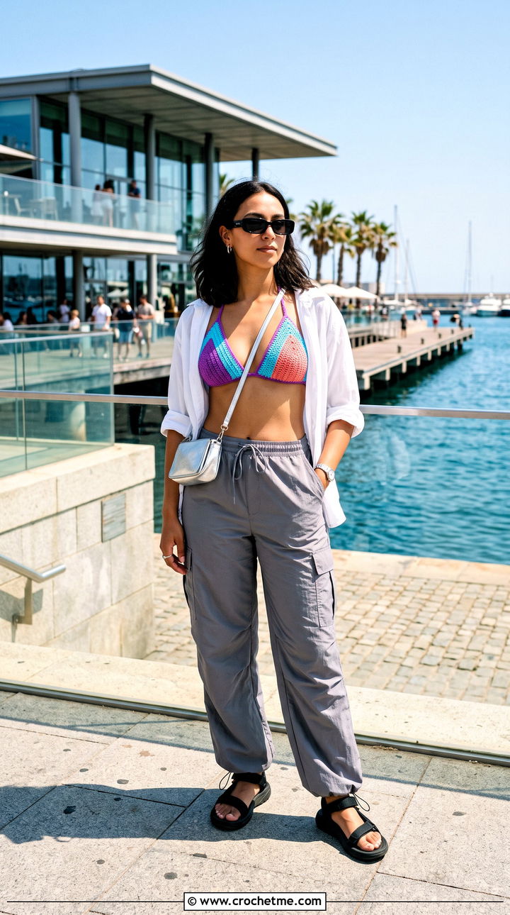 Color Block Crochet Bikini With Parachute Pants - 30 summer crochet bikinis outfit ideas