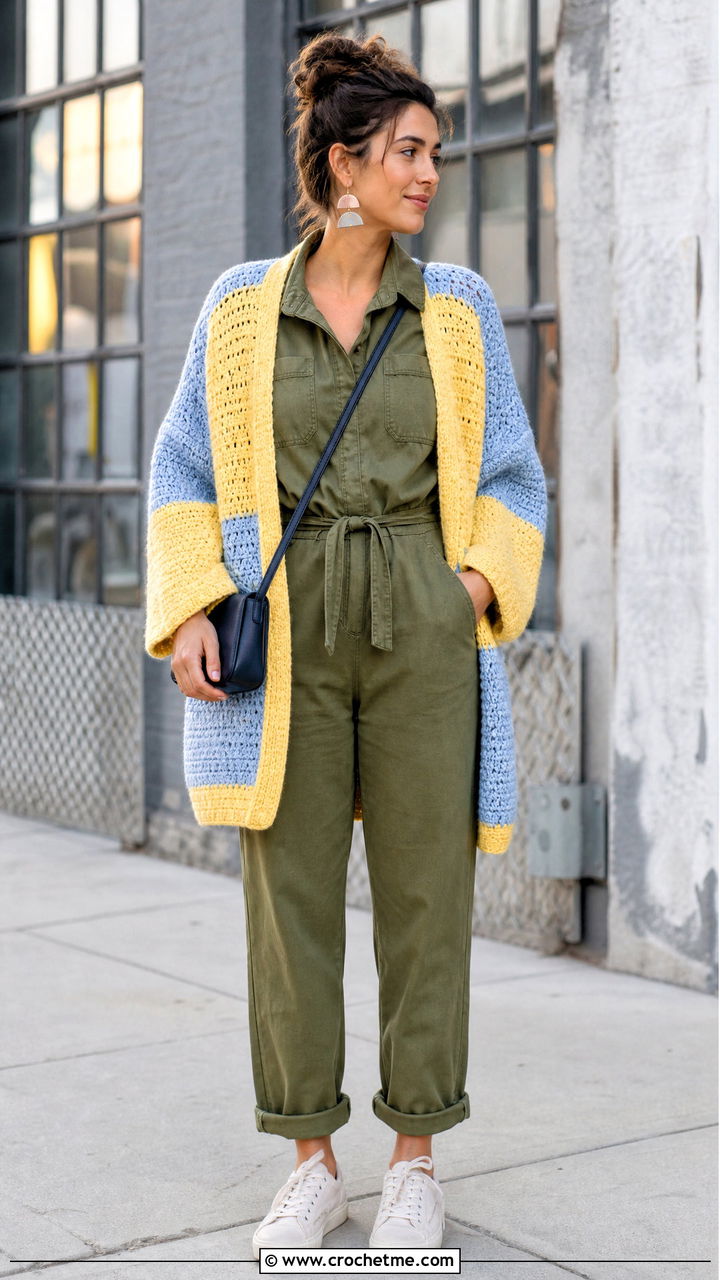 Color Block Crochet Blanket Cardigan With Utility Jumpsuit - 35 crochet blanket cardigan outfit ideas