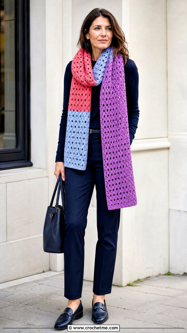Color Block Crochet Blanket Scarf With Monochrome Outfit - 35 crochet blanket scarf outfit ideas