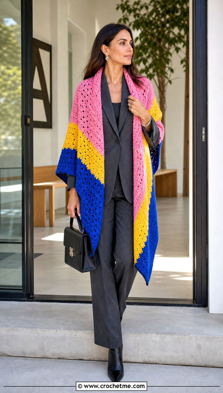 Color Block Crochet Blanket Shawl With Monochrome Suit - 30 crochet blanket shawl outfit ideas