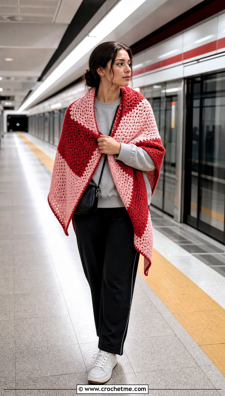 Color Block Crochet Blanket Shawl With Sweatshirt - 15 Crochet Shawl Blanket outfit ideas