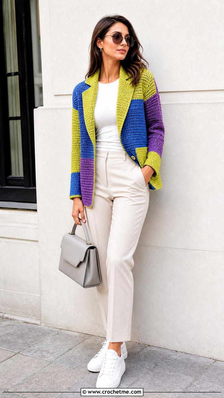 Color Block Crochet Blazer With Neutral Trousers - 35 crochet blazer outfit ideas
