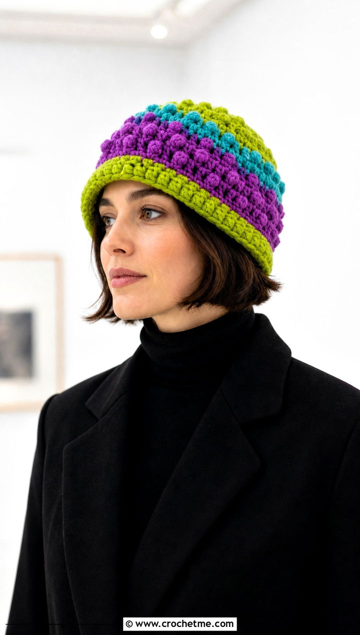 Color Block Crochet Bobble Hat With Monochrome Outfit - 30 crochet bobble hat outfit ideas