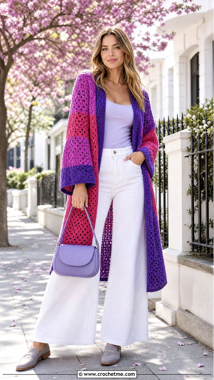 Color Block Crochet Boho Cardigan With White Denim - 35 crochet boho cardigan outfit ideas