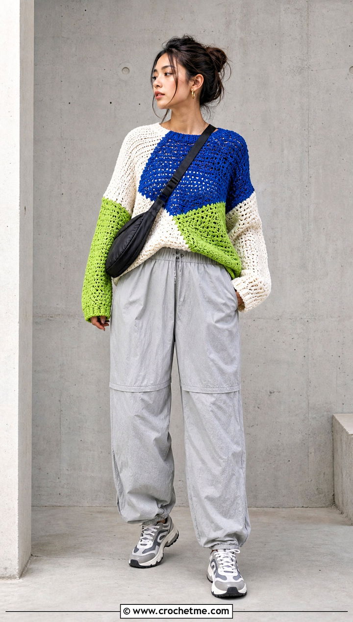 Color Block Crochet Boho Sweater With Parachute Pants - 30 crochet boho sweater outfit ideas