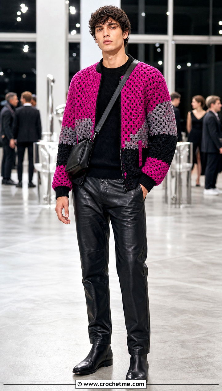 Color Block Crochet Bomber Jacket With Leather Pants - 15 Crochet Mens Jacket outfit ideas
