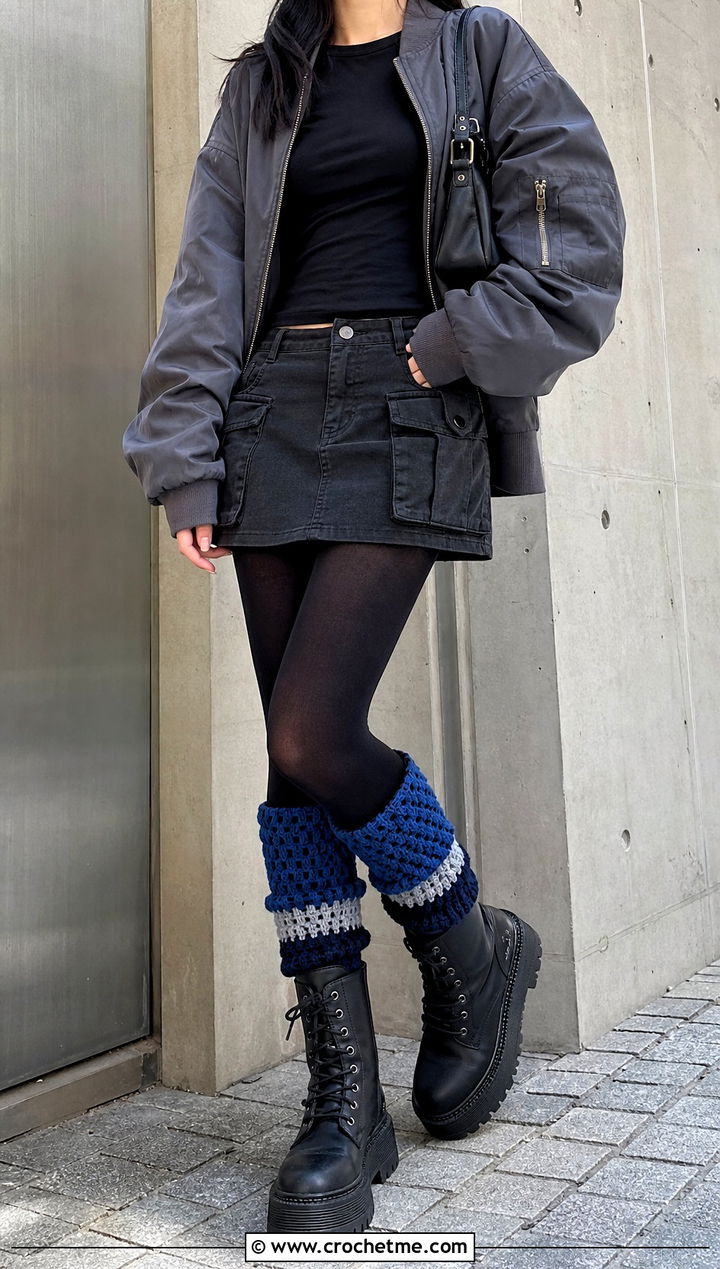 Color Block Crochet Boot Cuffs With Cargo Skirt - 35 crochet boot cuffs outfit ideas
