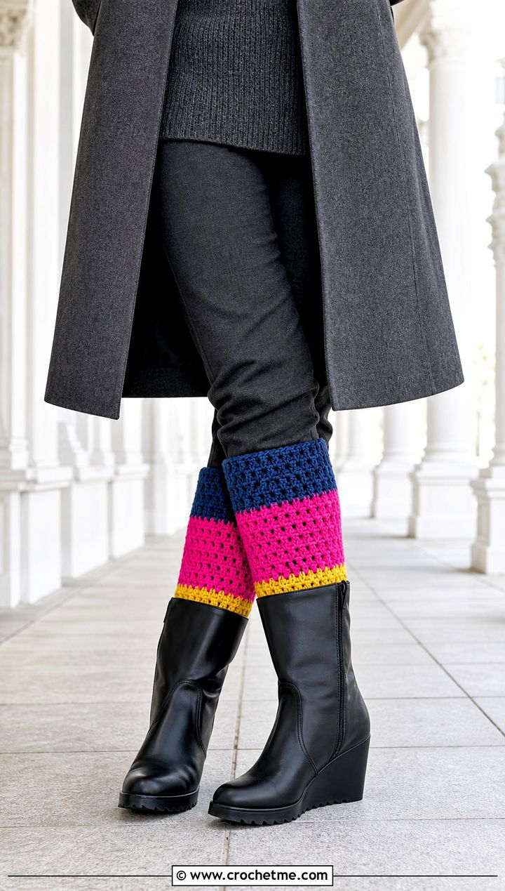 Color Block Crochet Boot Cuffs With Monochrome Outfit and Wedge Boots - 30 crochet boot cuff outfit ideas