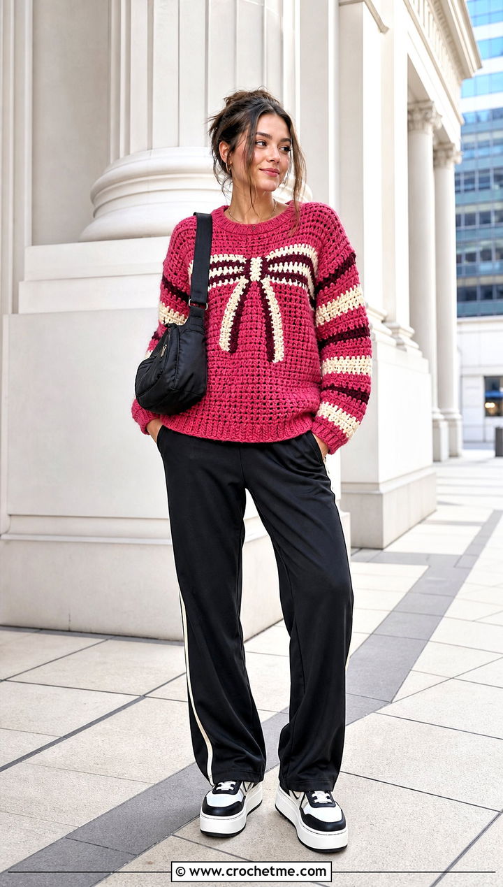 Color Block Crochet Bow Sweater With Track Pants - 25 crochet bow sweater outfit ideas