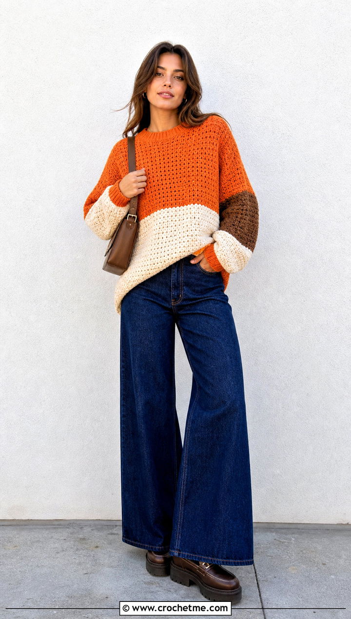 Color Block Crochet Boyfriend Sweater With Wide Leg Jeans - 30 crochet boyfriend sweater outfit ideas
