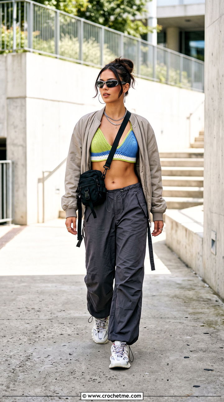 Color Block Crochet Bra Top With Parachute Pants - 35 crochet bra top outfit ideas