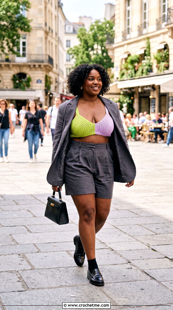 Color Block Crochet Bra With Tailored Shorts - 35 crochet bra outfit ideas