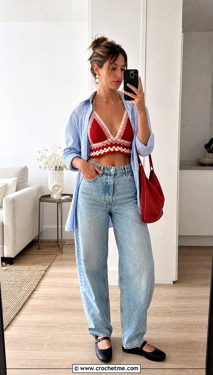 Color Block Crochet Bralette With Barrel Jeans - 15 crochet bralette on hanger outfit ideas