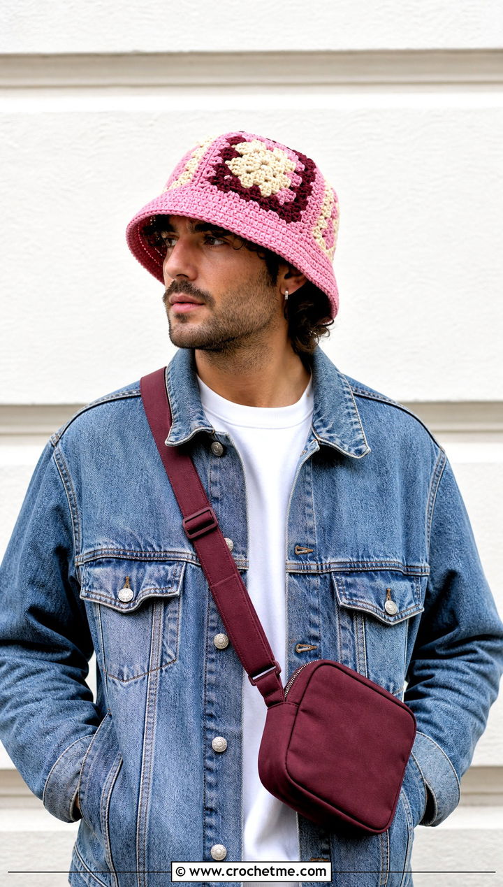 Color Block Crochet Bucket Hat With Denim Jacket And Black Jeans - 15 men's crochet bucket hat outfit ideas