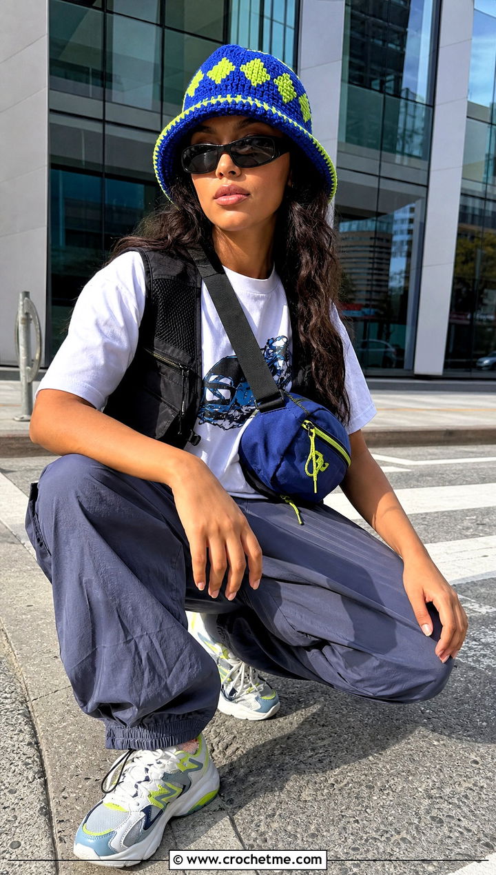 Color Block Crochet Bucket Hat With Graphic Tee And Parachute Pants - 20 Fancy Crochet Hat outfit ideas