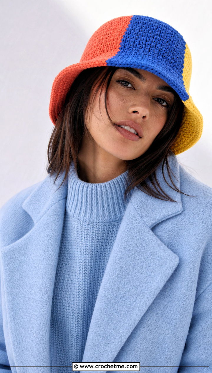 Color Block Crochet Bucket Hat With Monochrome Outfit - 35 crochet winter bucket hat outfit ideas