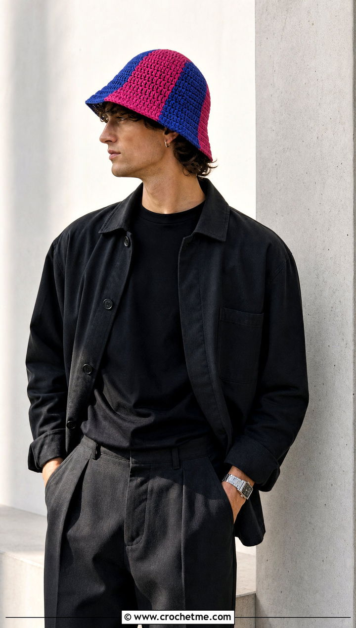 Color Block Crochet Bucket Hat With Overshirt And Matching Pants - 15 Crochet Mens Bucket Hat outfit ideas