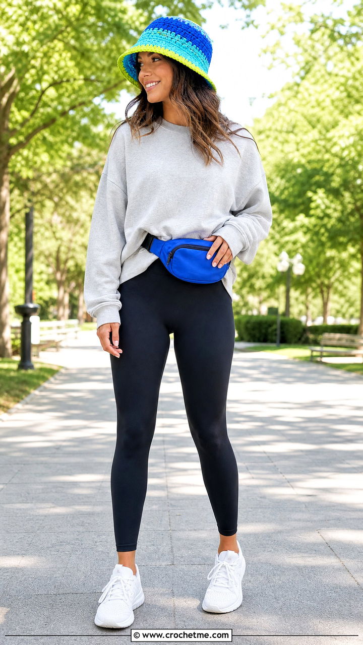 Color Block Crochet Bucket Hat With Sweatshirt And Leggings - 35 crochet bucket hats outfit ideas