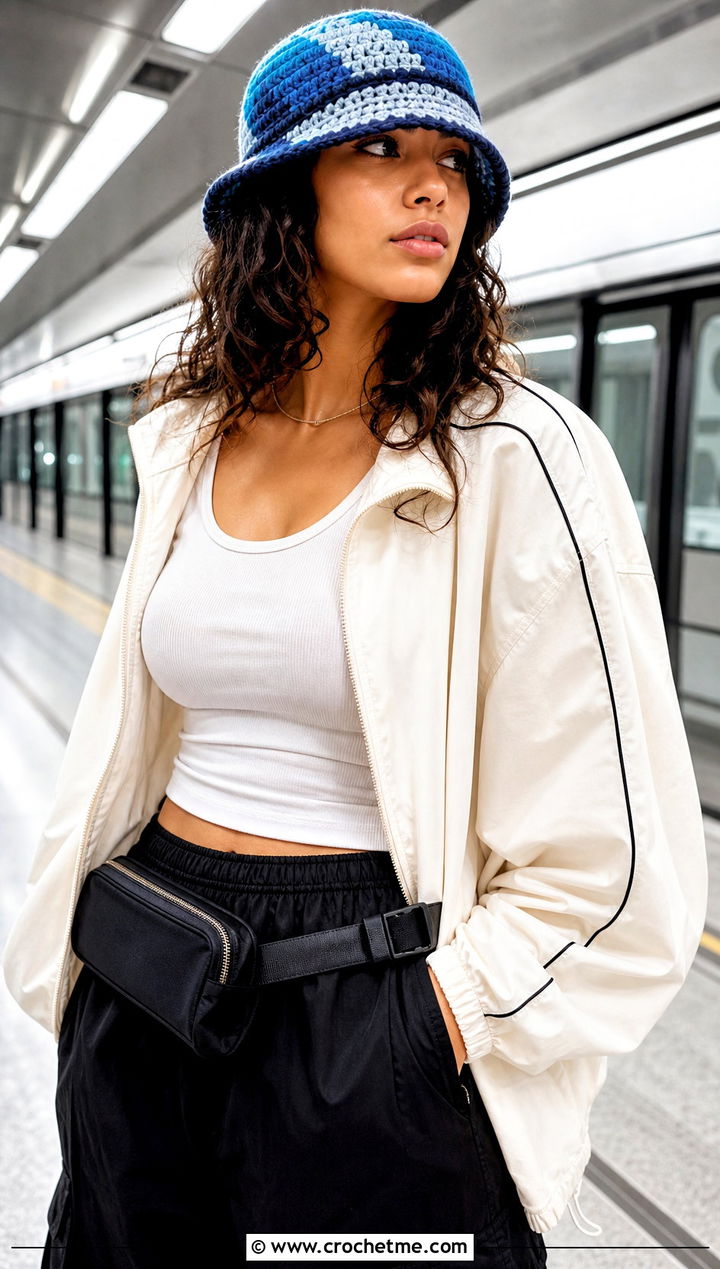 Color Block Crochet Bucket Hat With Track Jacket - 15 hailey bieber crochet bucket hat outfit ideas