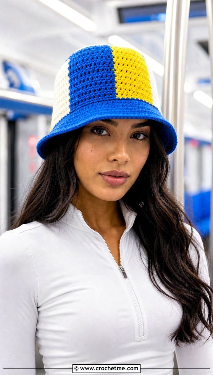 Color Block Crochet Bucket Hat With Track Pants - 25 crochet hat for beginners outfit ideas