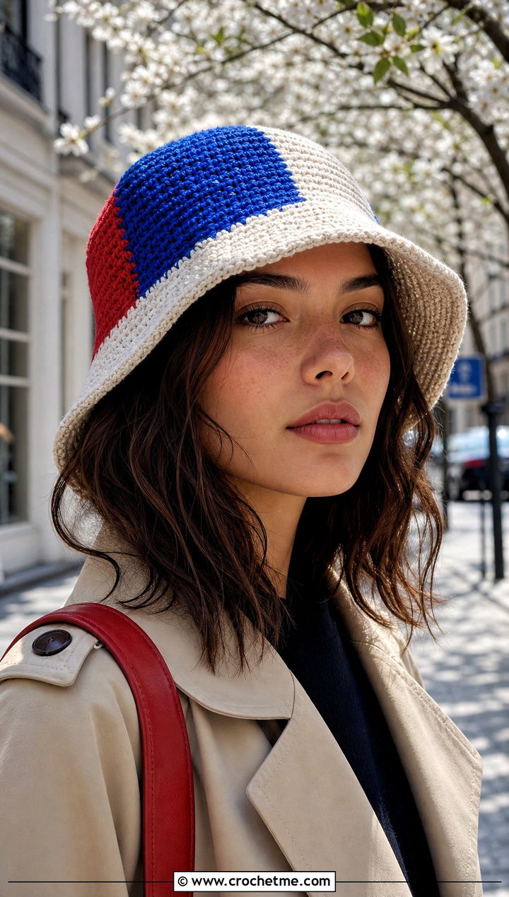 Color Block Crochet Bucket Hat With Trench Coat - 25 Easy Crochet Bucket Hats outfit ideas