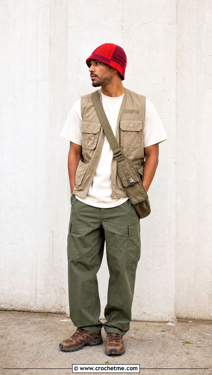 Color Block Crochet Bucket Hat With Utility Vest And Cargos - 35 men crochet bucket hat outfit ideas