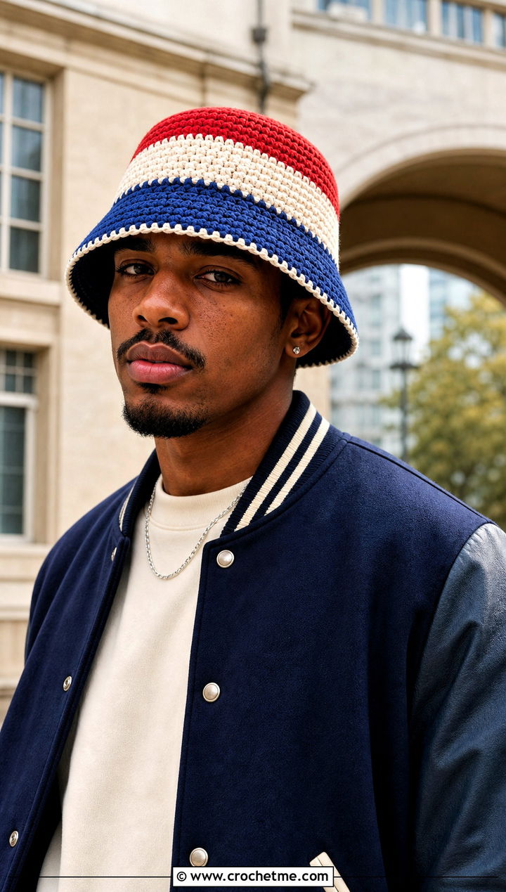 Color Block Crochet Bucket Hat With Varsity Jacket - 15 mens crochet bucket hat outfit ideas