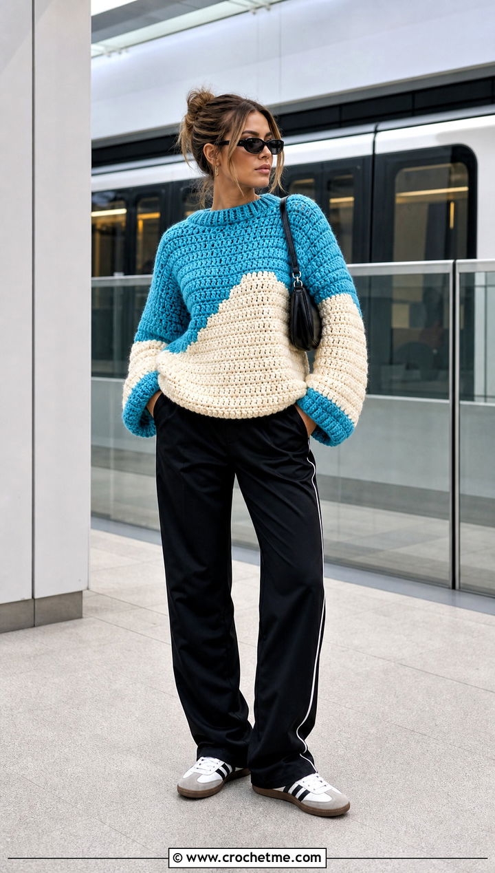 Color Block Crochet Bulky Sweater With Track Pants - 25 Crochet Bulky Sweater outfit ideas
