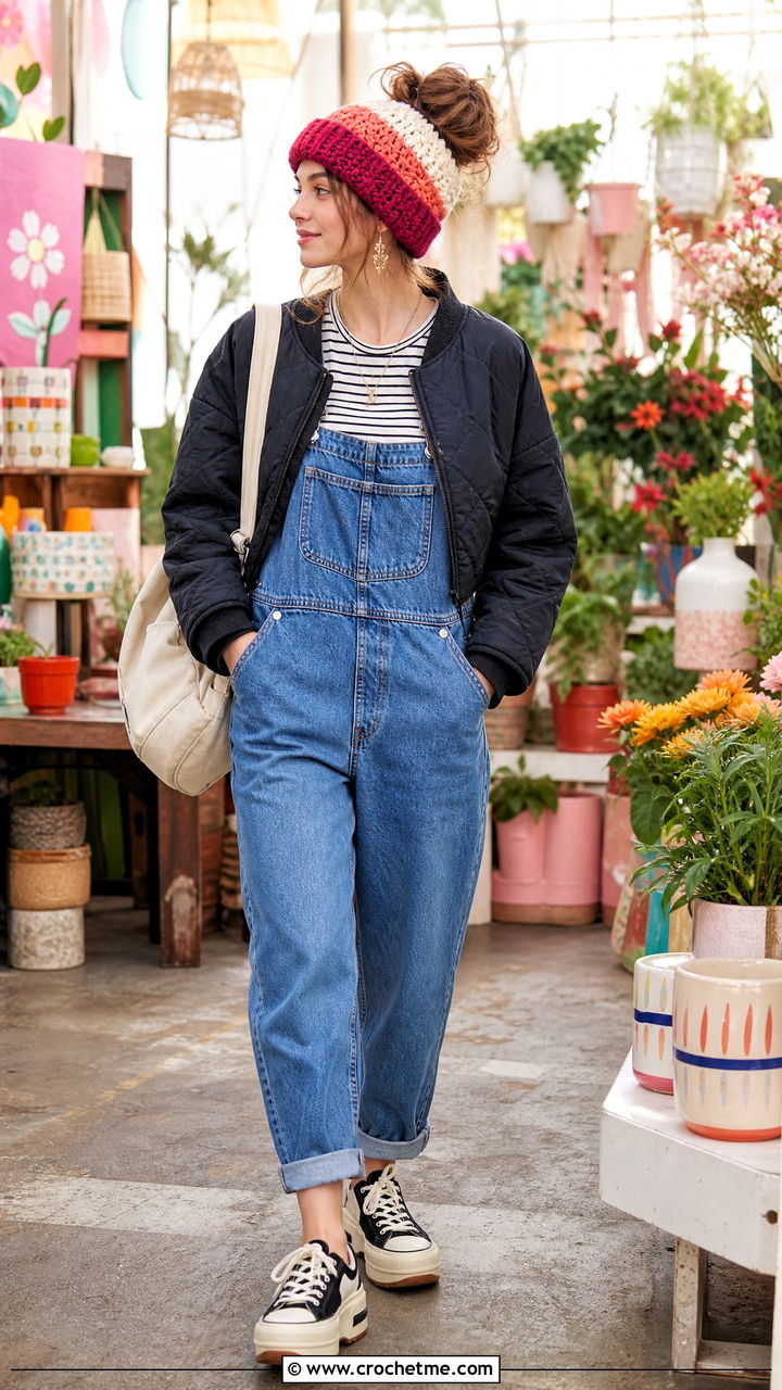 Color Block Crochet Bun Hat With Denim Overalls - 35 crochet bun hat outfit ideas