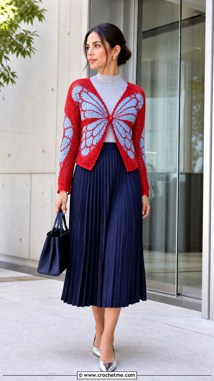 Color Block Crochet Butterfly Cardigan With Pleated Midi Skirt - 35 crochet butterfly cardigan outfit ideas