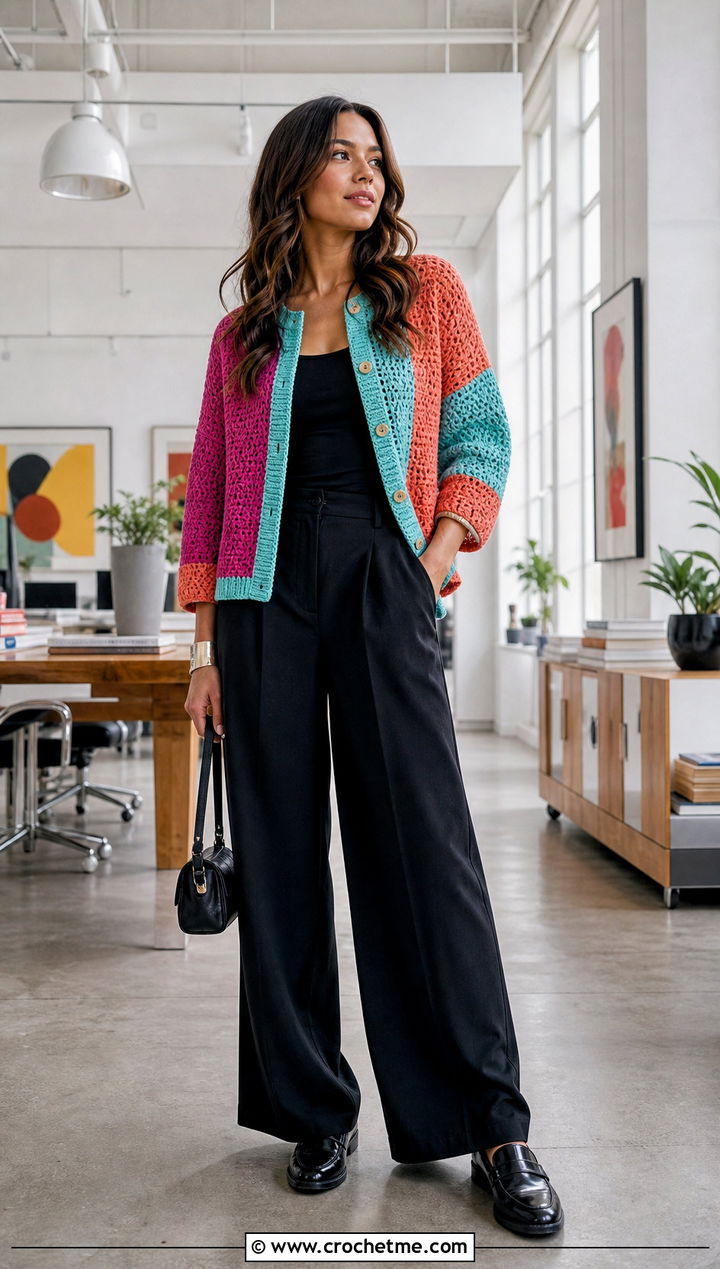 Color Block Crochet Button Down Cardigan With Black Trousers - 25 crochet button down cardigan outfit ideas