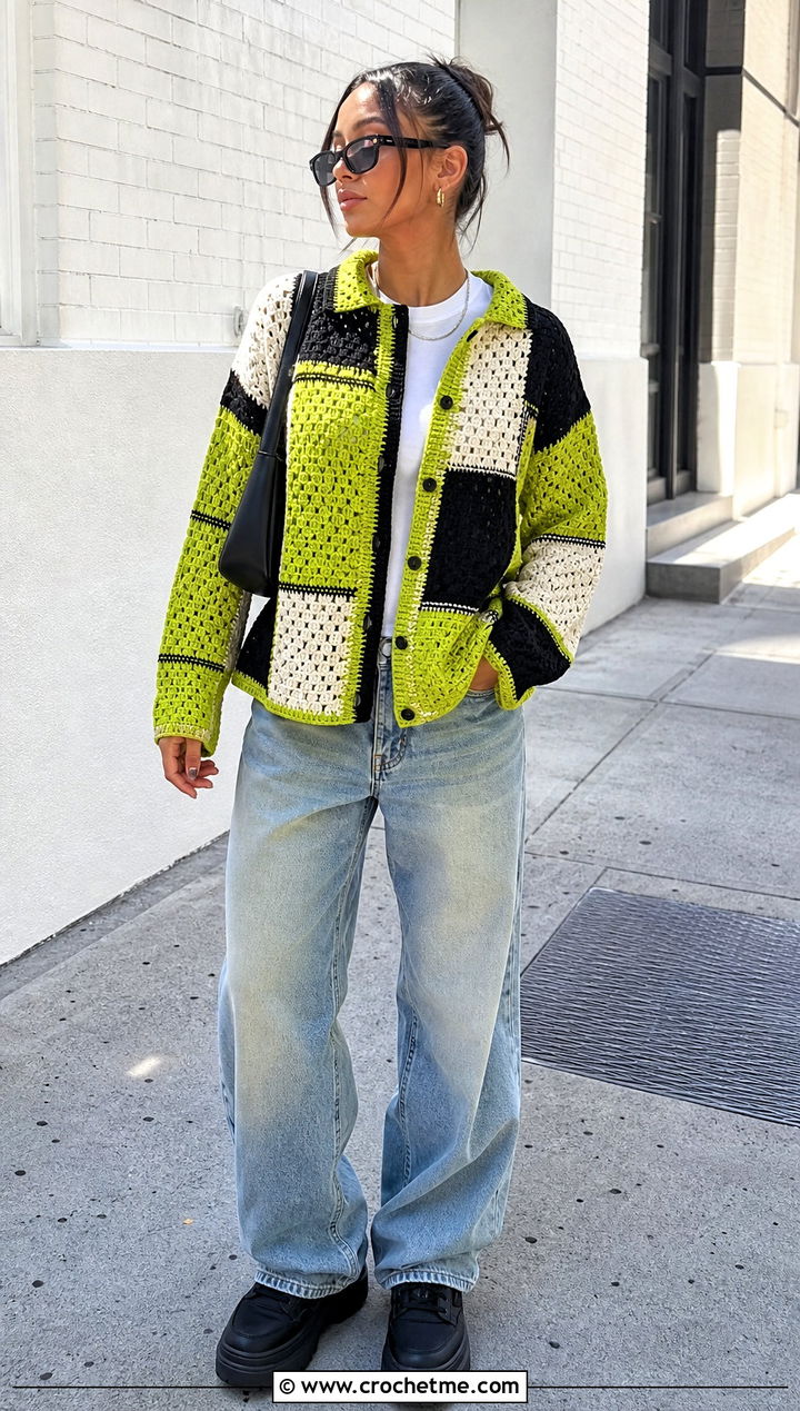 Color Block Crochet Button Up Cardigan With Baggy Jeans - 25 Crochet Button Up Cardigan outfit ideas