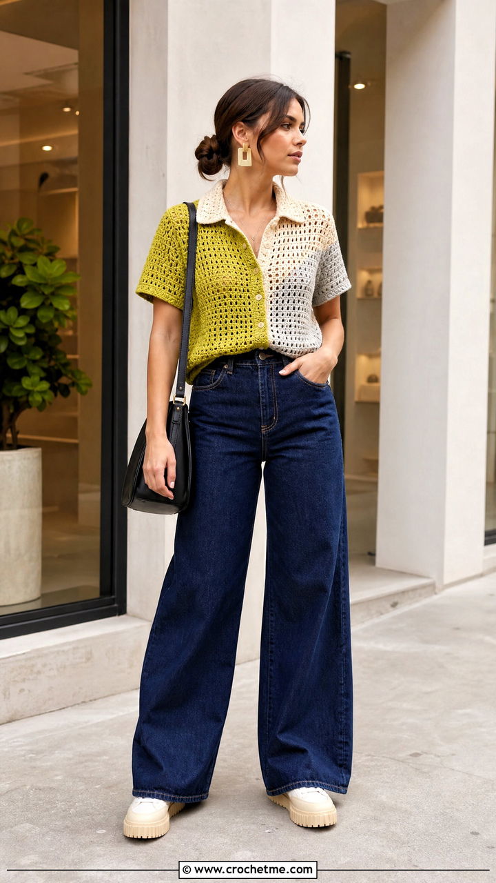 Color Block Crochet Button Up Shirt With Wide Leg Jeans - 35 crochet button up shirt outfit ideas