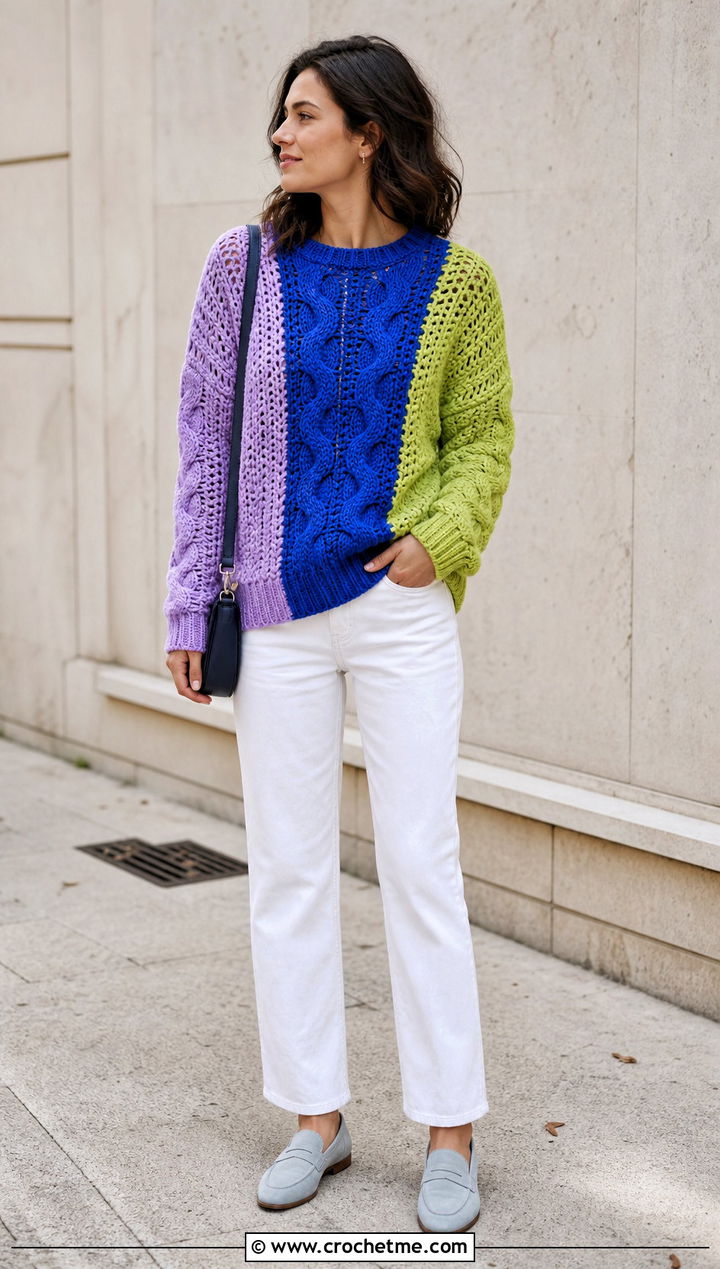 Color Block Crochet Cable Sweater With White Jeans - 25 Cable Knit Crochet Sweater outfit ideas