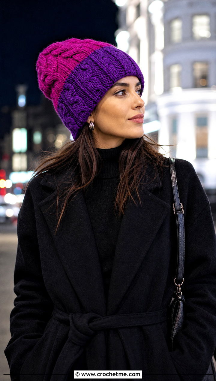 Color Block Crochet Cable Twist Hat With Monochrome Outfit - 15 Crochet Cable Twist Hat outfit ideas
