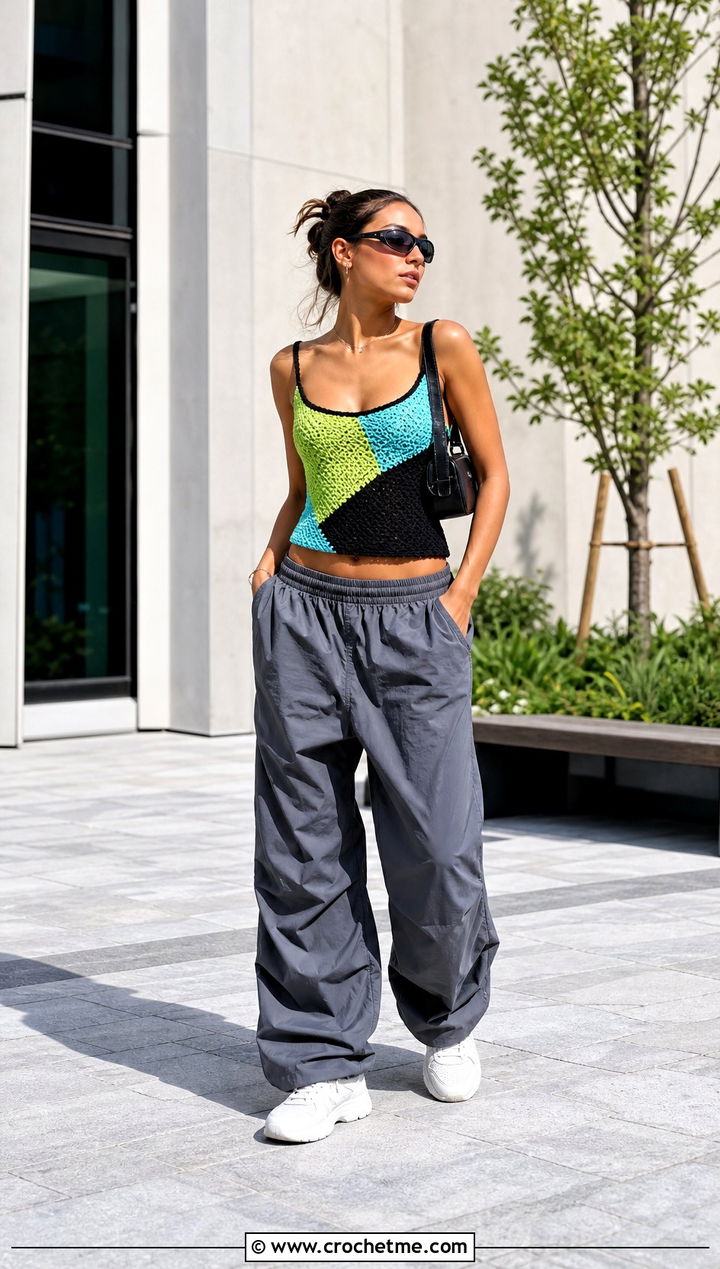Color Block Crochet Camisole With Parachute Pants - 25 Strappy Crochet Top outfit ideas
