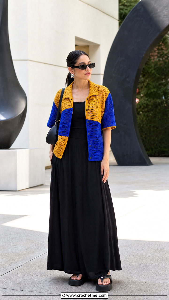 Color Block Crochet Camp Shirt With Black Maxi Skirt - 35 crochet collared shirt outfit ideas