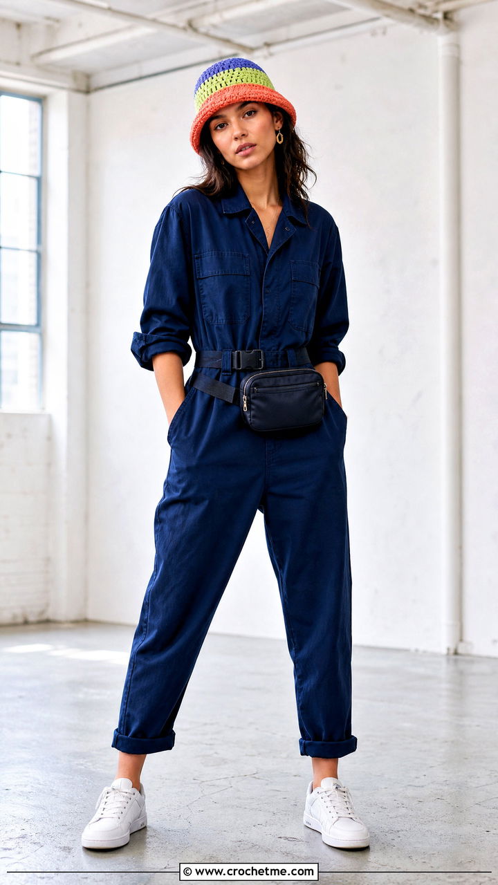 Color Block Crochet Cap With Utility Jumpsuit - 35 crochet cap outfit ideas