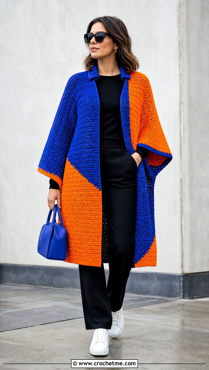 Color Block Crochet Cape Coat With Monochrome Basics - 15 Crochet Cape Coat outfit ideas