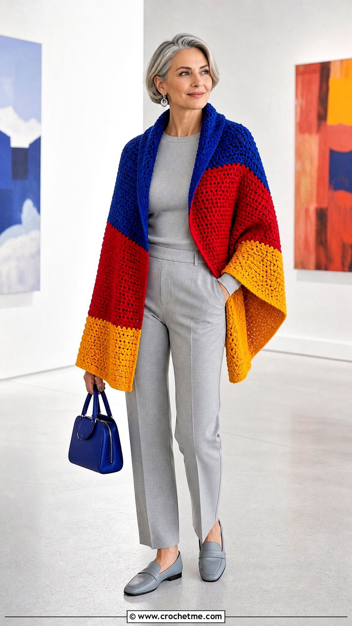 Color Block Crochet Cape With A Monochrome Outfit - 35 crochet cape outfit ideas