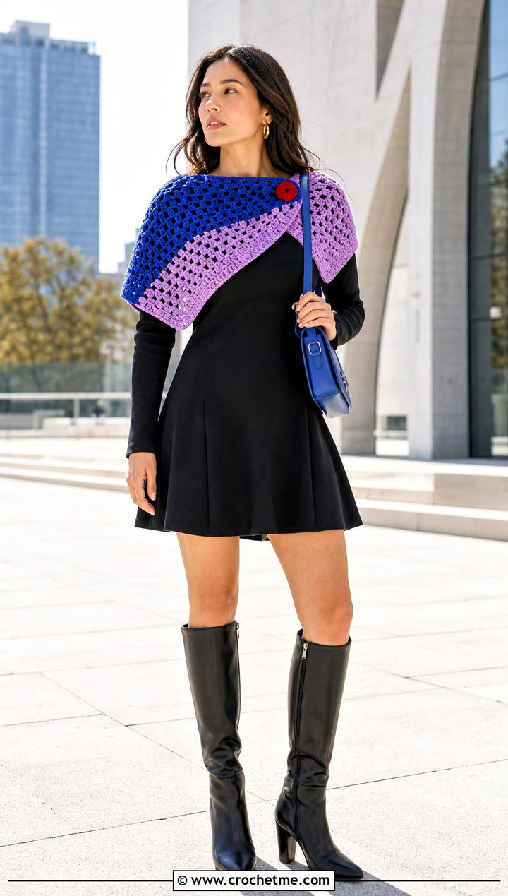 Color Block Crochet Capelet Shawl With Mini Dress - 30 crochet caplet shawl outfit ideas