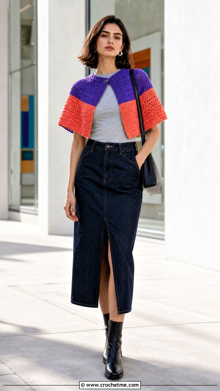 Color Block Crochet Capelet With Denim Skirt - 35 crochet capelet outfit ideas