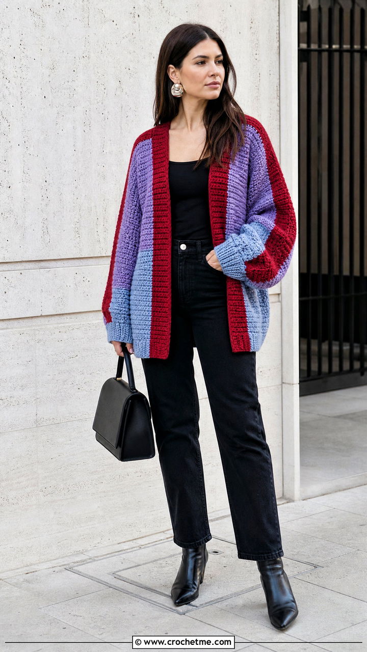 Color Block Crochet Cardigan With Black Jeans - 35 oversized crochet cardigan outfit ideas