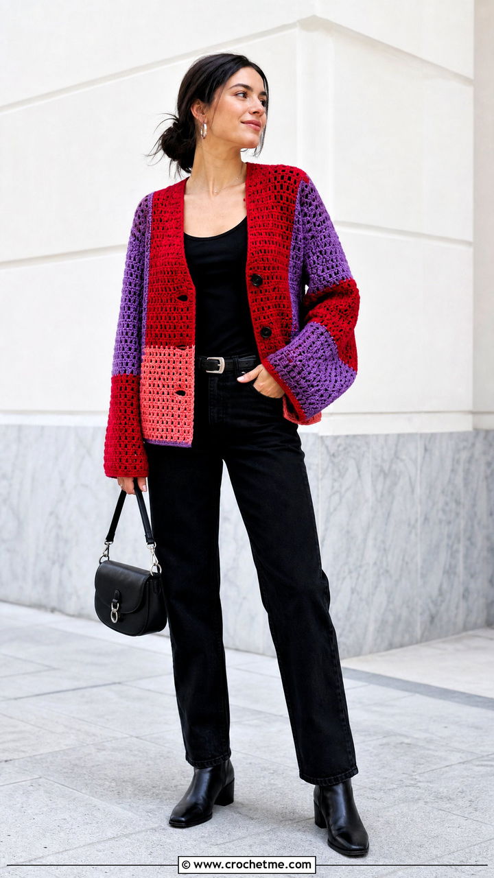 Color Block Crochet Cardigan With Black Jeans - 35 crocheted cardigan outfit ideas