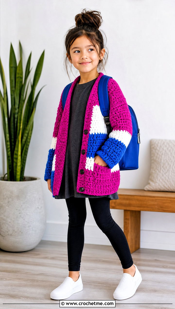 Color Block Crochet Cardigan With Black Leggings - 25 Childs Crochet Cardigan outfit ideas
